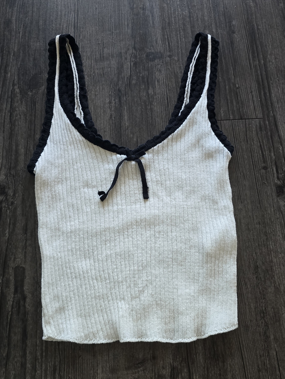 ZARA Women's Ribbed Knit Cami Tank Top White/Black Trim Bow Coquette M
